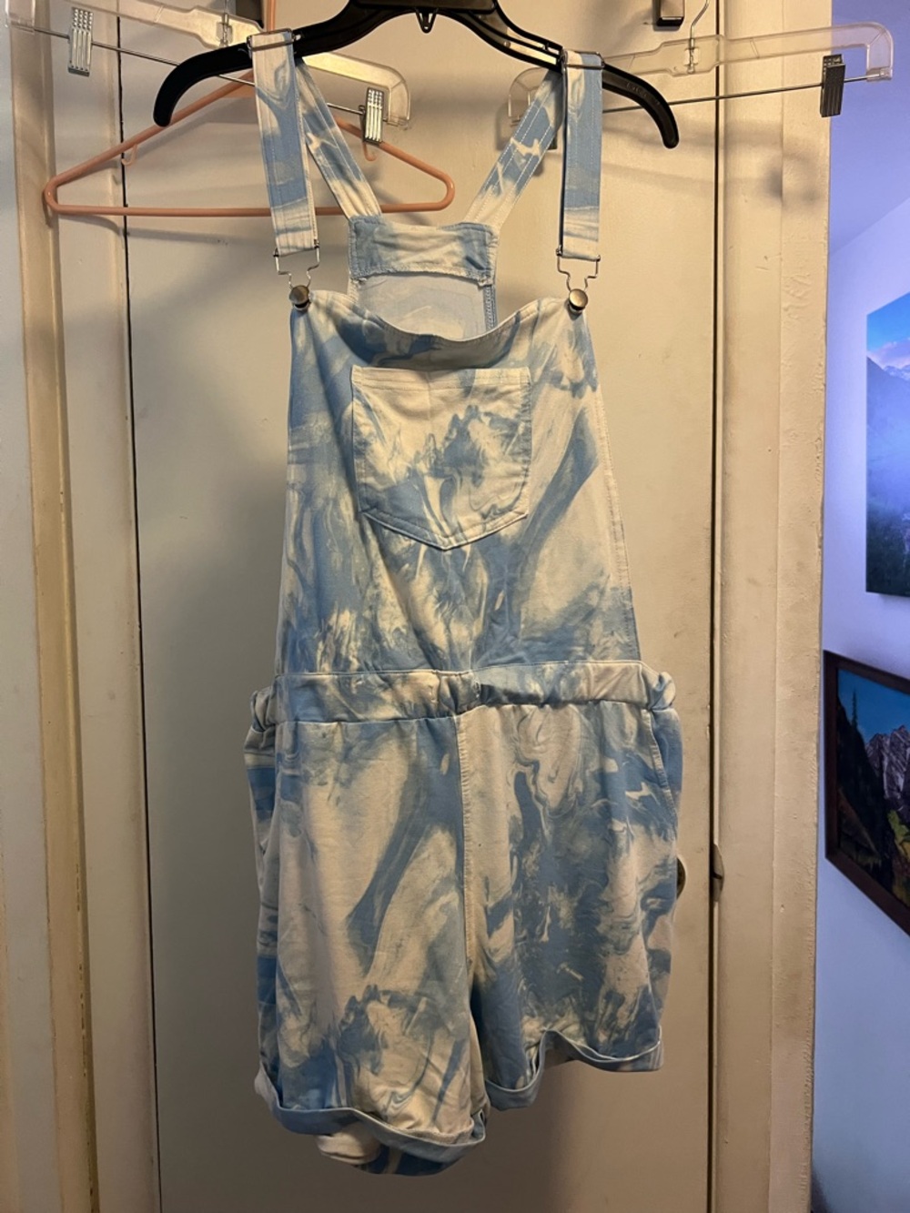 XL swirly blue and white overall shorts